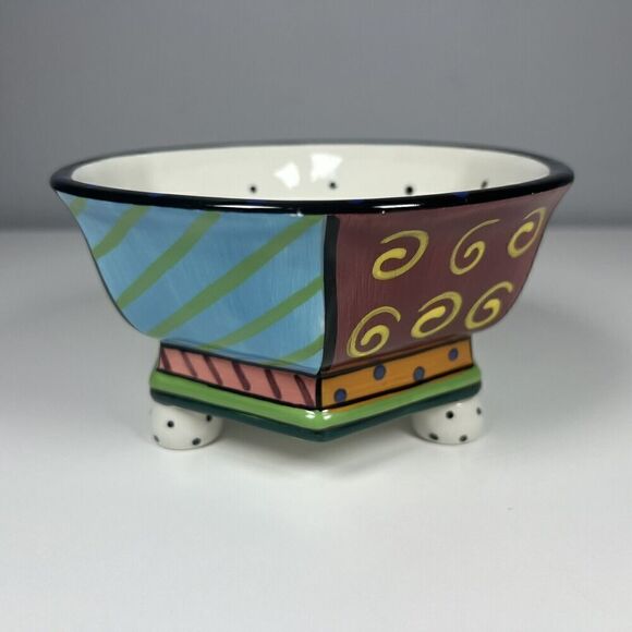 Studio Designworks 3 Footed Bowl Ceramic Polka Dots Swirls Stripes 6” - B - Picture 2 of 7
